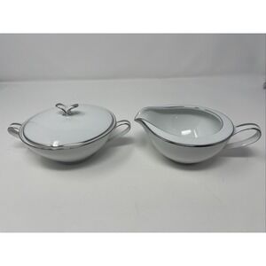 NORITAKE JAPAN CREAMER AND SUGAR WITH LID WHITE W/SILVER‎ RIM COLONY 5932